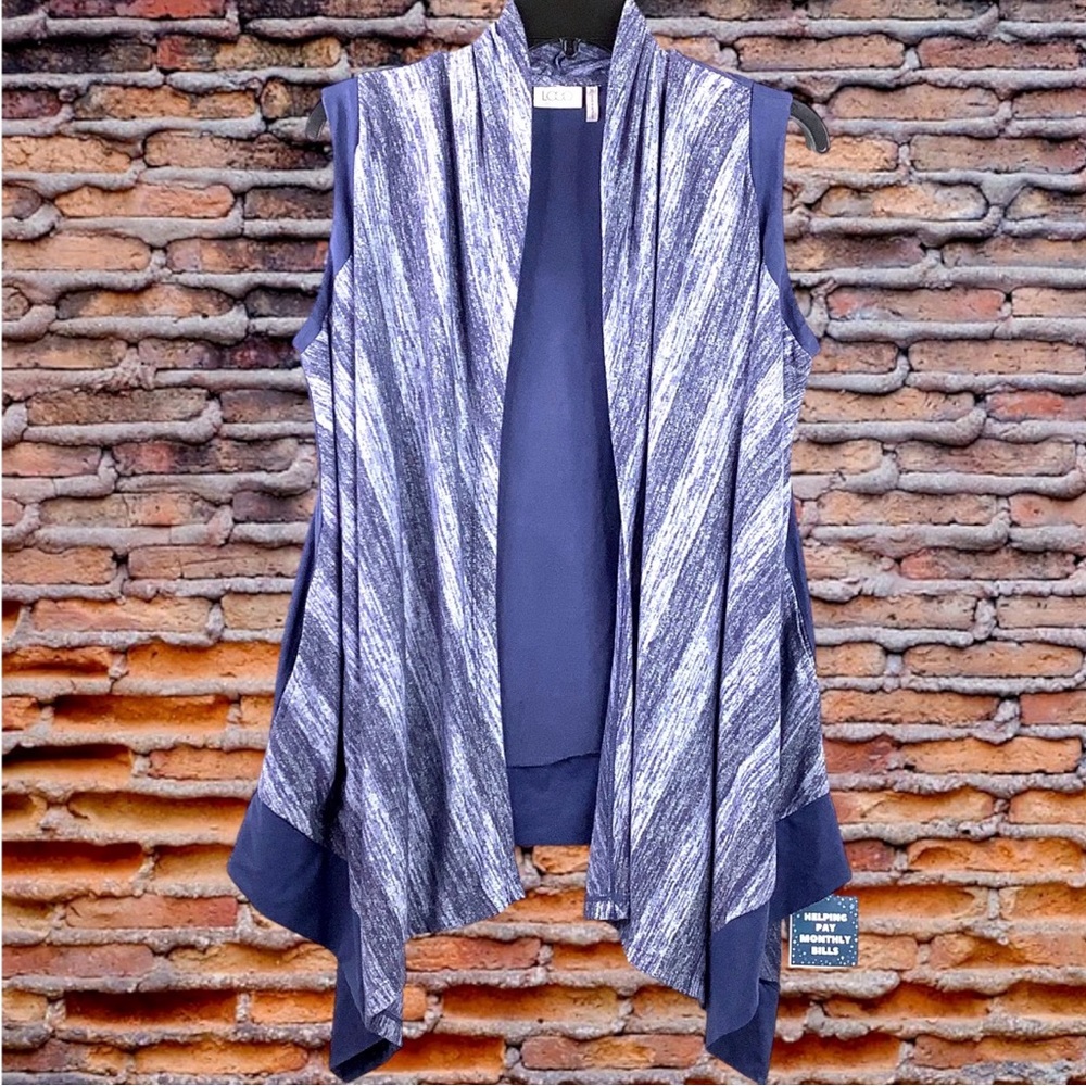 Logo Lori Goldstein Open Front Vest Cardigan Tunic Top M Blue Suede Stretch